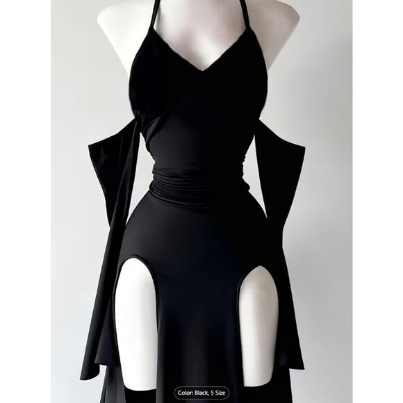 Wicked Silk Dresses & Skirts - Dark Gothic Style Halter Neck Dress High Slit Cutout Gothic Evening Gown